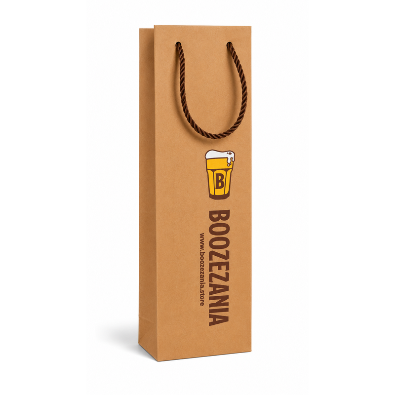 A tall brown kraft paper gift bag with twisted dark brown rope handles, featuring a yellow beer glass graphic with a 'B' and the text 'BOOZEZANIA' and 'WWW.BOOZEZANIA.