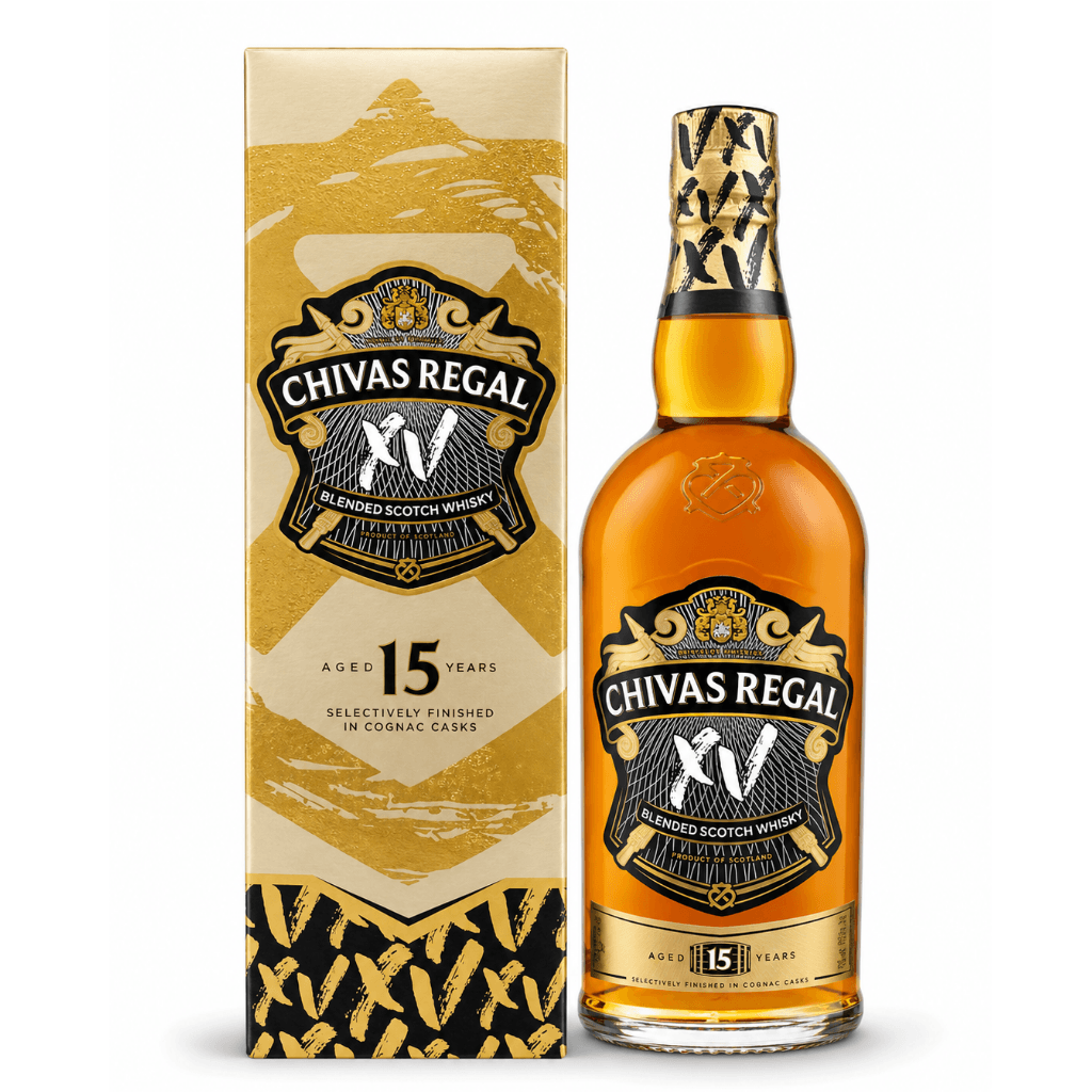 Chivas Regal XV 15 Year Old Blended Scotch Whisky bottle and gold gift box, 700ml.