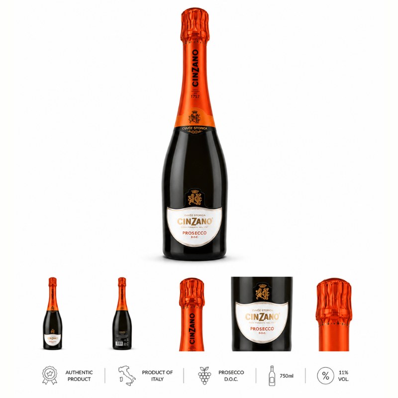 Cinzano Prosecco bottle with smaller bottles and packaging elements on a white background