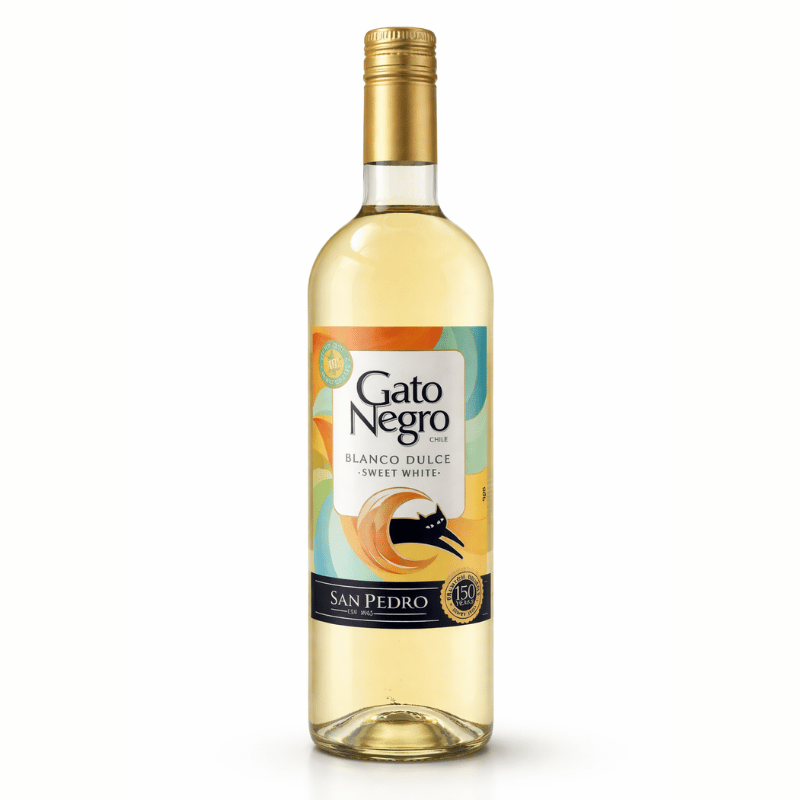 Bottle of Gato Negro Blanco Dulce sweet white wine on a white background