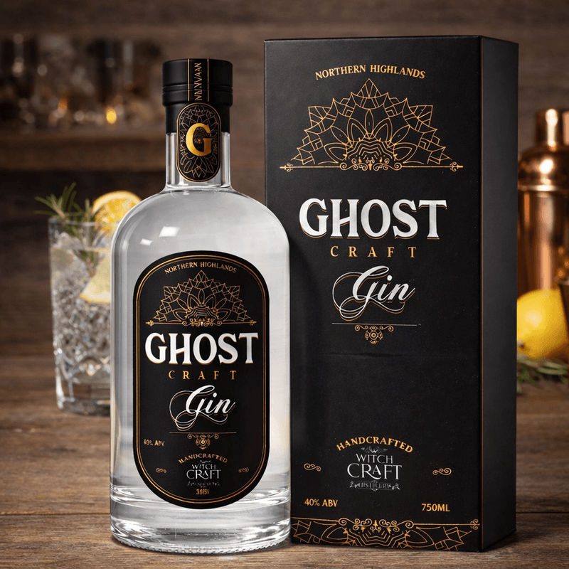 Ghost Craft Gin bottle and packaging on a wooden surface with a blurred bar background