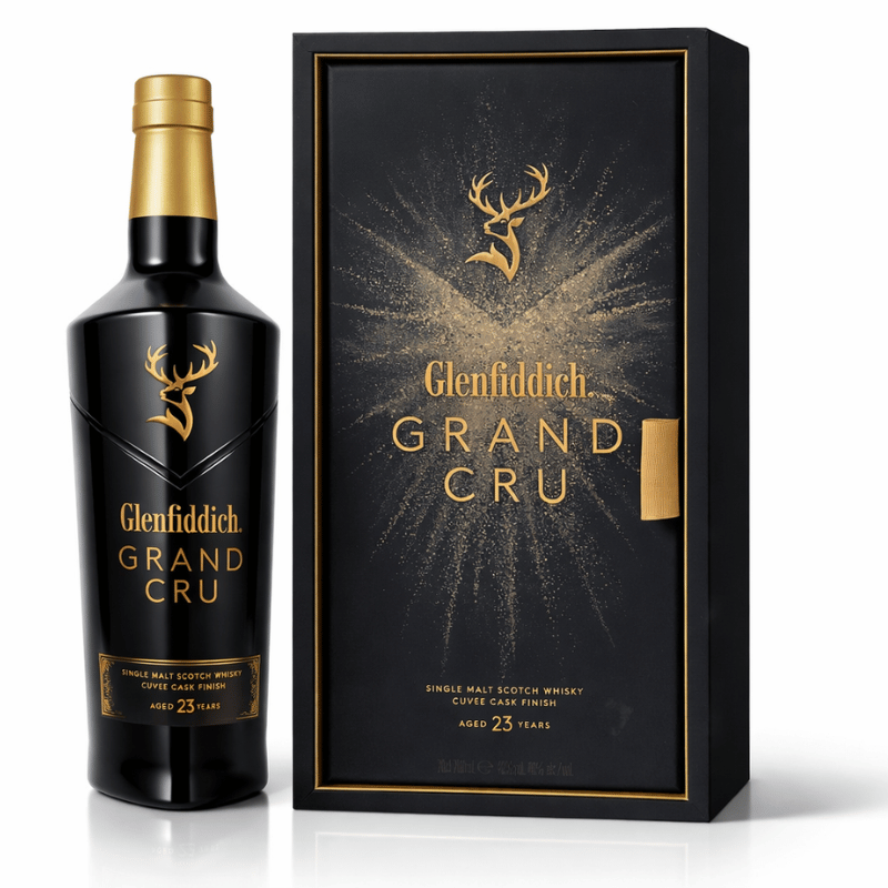 Glenfiddich Grand Cru 23 Year Old Single Malt Scotch Whisky with luxury gift box on white background