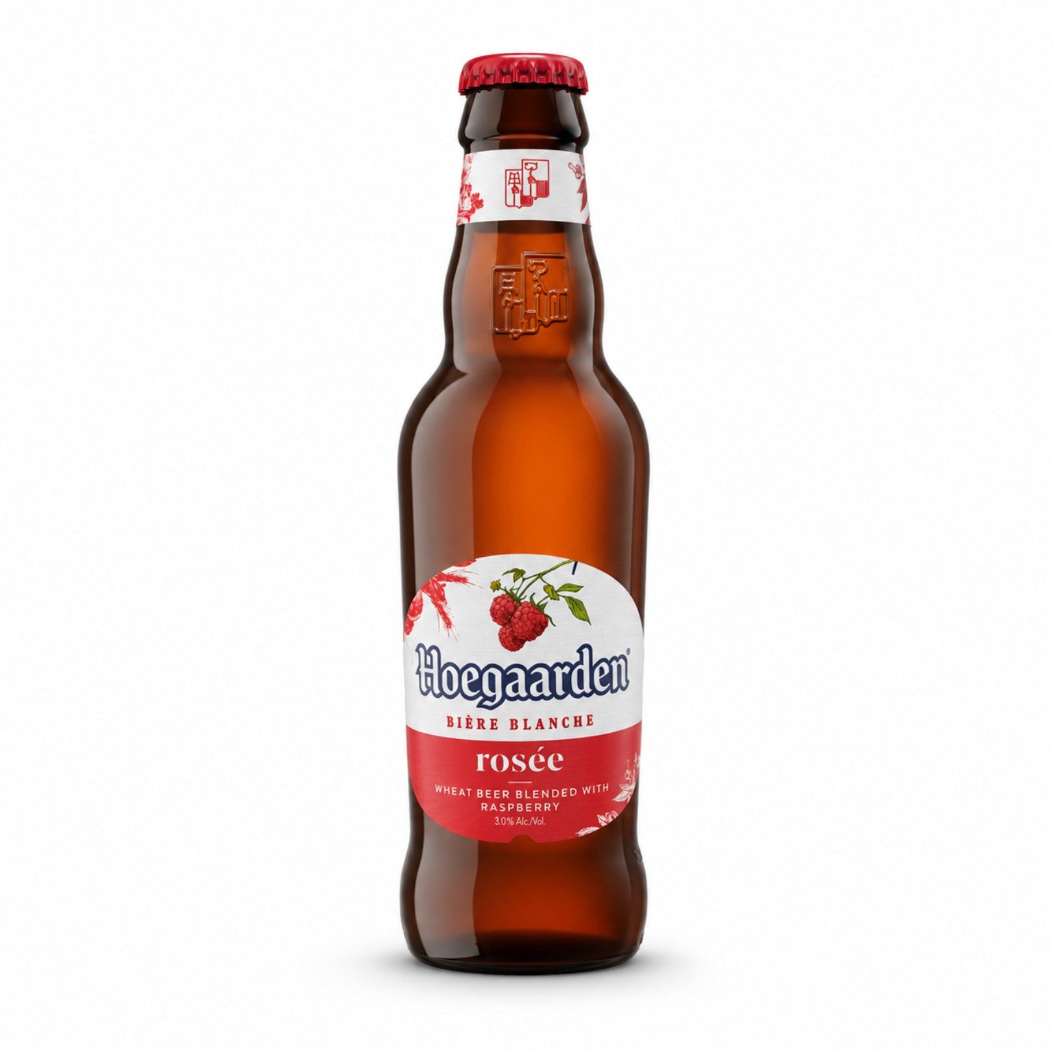 A bottle of Hogeaarden Rosée wheat beer with a red and white label, shown on a clean white background.