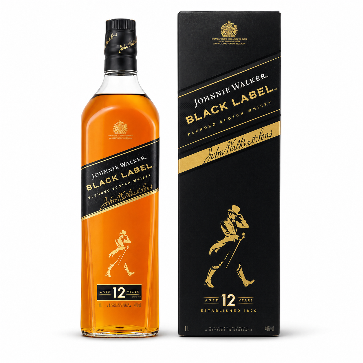 A bottle of Johnnie Walker Black Label 12 Year Old whisky next to its black and gold packaging box, shown on a clean white background.