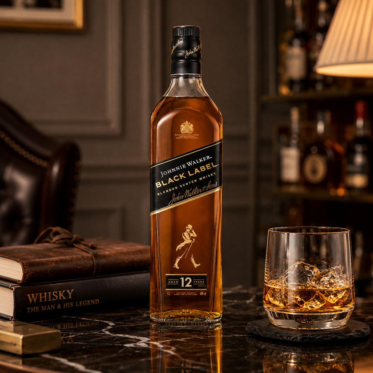 A bottle of Johnnie Walker Black Label whisky stands on a dark marble surface beside a filled rocks glass and stacked books in a dimly lit bar setting.