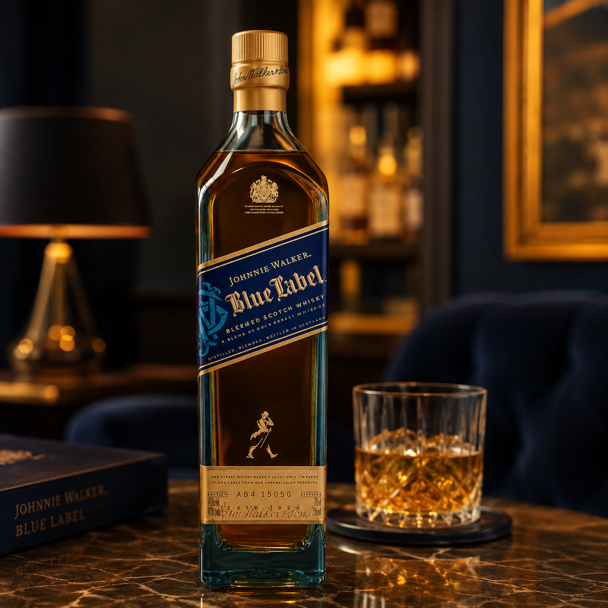 A bottle of Johnnie Walker Blue Label scotch whisky stands on a polished marble table beside a filled rocks glass, with a dimly lit bar interior in the background.
