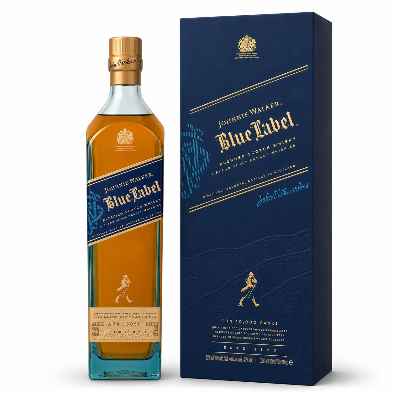A bottle of Johnnie Walker Blue Label whisky stands next to its tall blue presentation box on a clean white background. The bottle contains amber-colored whisky and has a blue label with gold text and the iconic Striding Man logo.