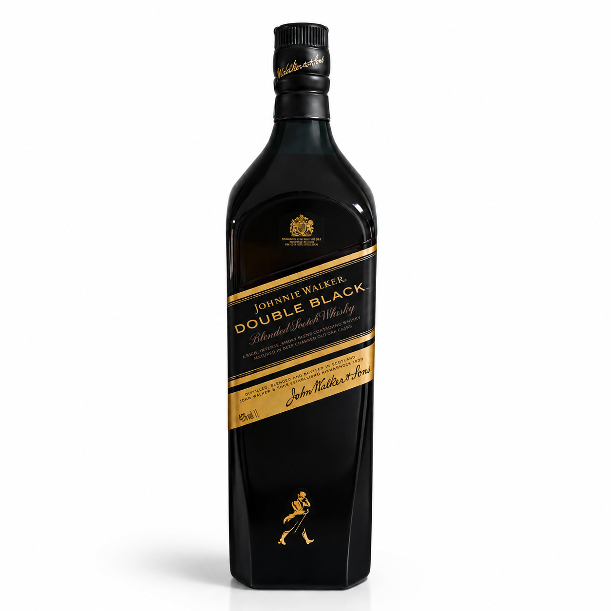 A bottle of Johnnie Walker Double Black Malted Scotch Whisky on a clean white background. The bottle is black with gold lettering and the iconic Strainman logo near the bottom.