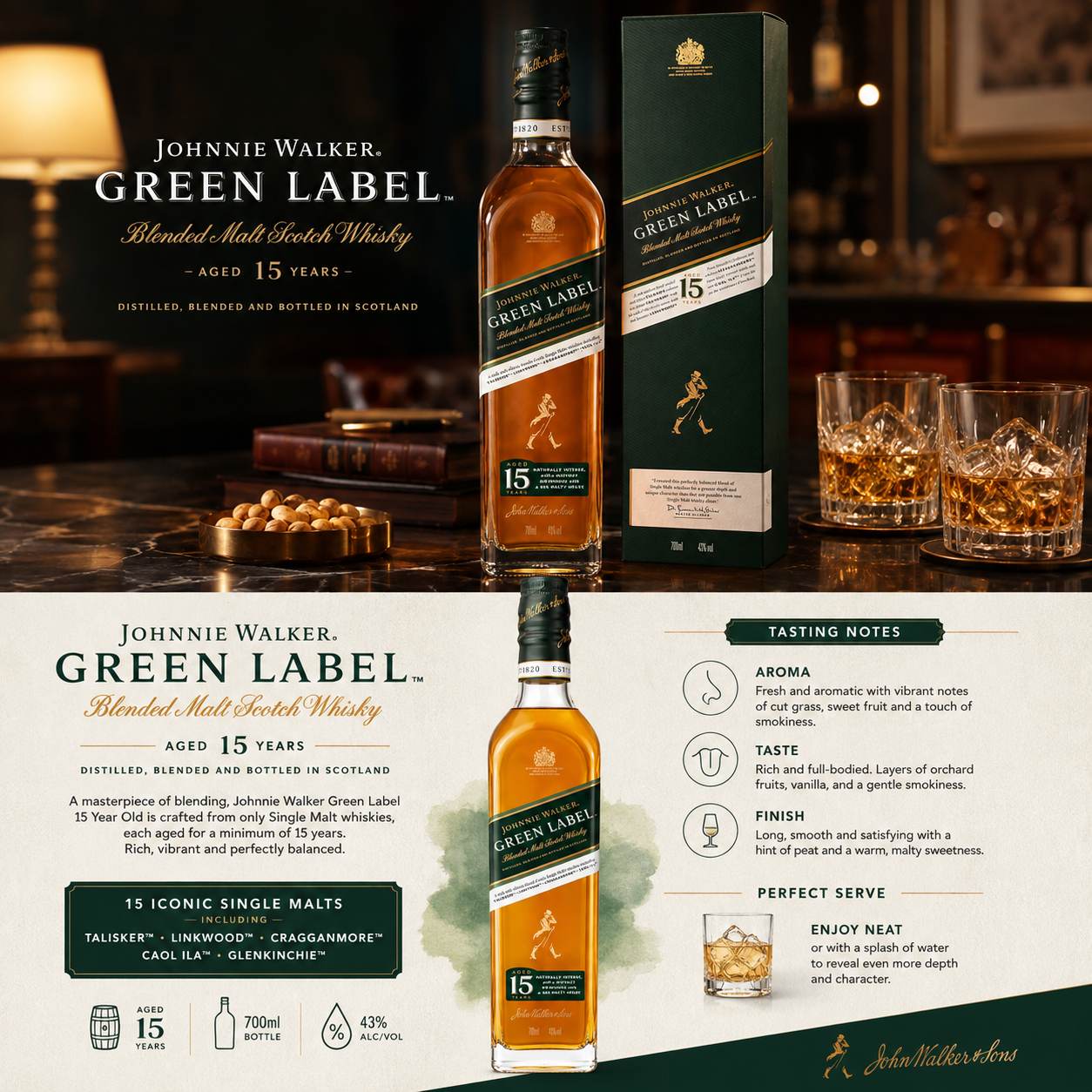 Johnnie Walker Green Label 15 Year Old tasting notes: green apple and vanilla aroma, rich full-bodied orchard fruit palate, long smooth finish with a hint of peat. 750ml, 43% ABV, blended malt Scotch whisky distilled and bottled in Scotland