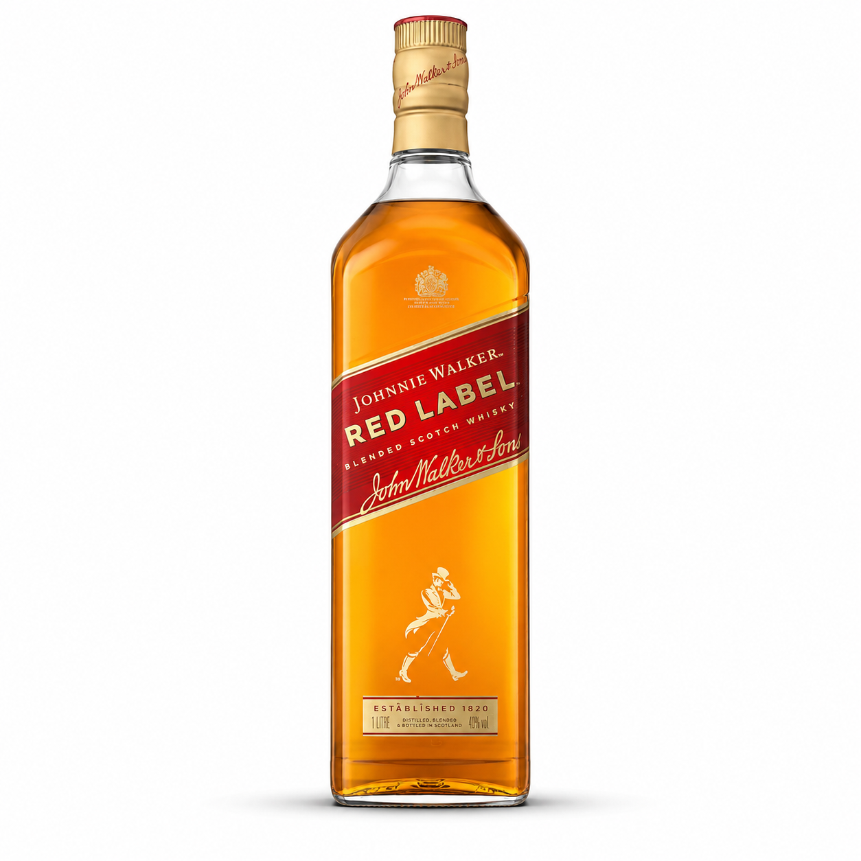 A bottle of Johnnie Walker Red Label aged single malt whisky, featuring the iconic red and gold label with the Striding Man logo, set against a plain white background.