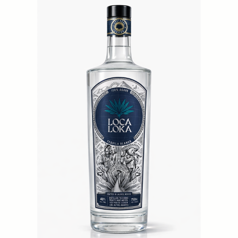 Loca Loka Blanco Tequila 750ml bottle on white background, 100% blue agave tequila from Jalisco, Mexico