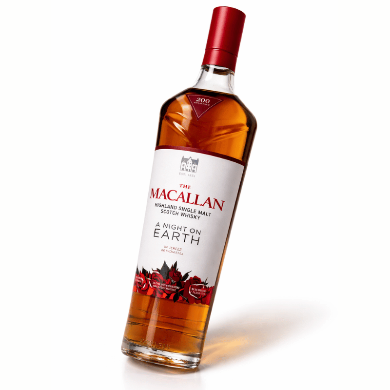 The Macallan whisky bottle with a red cap on a white background