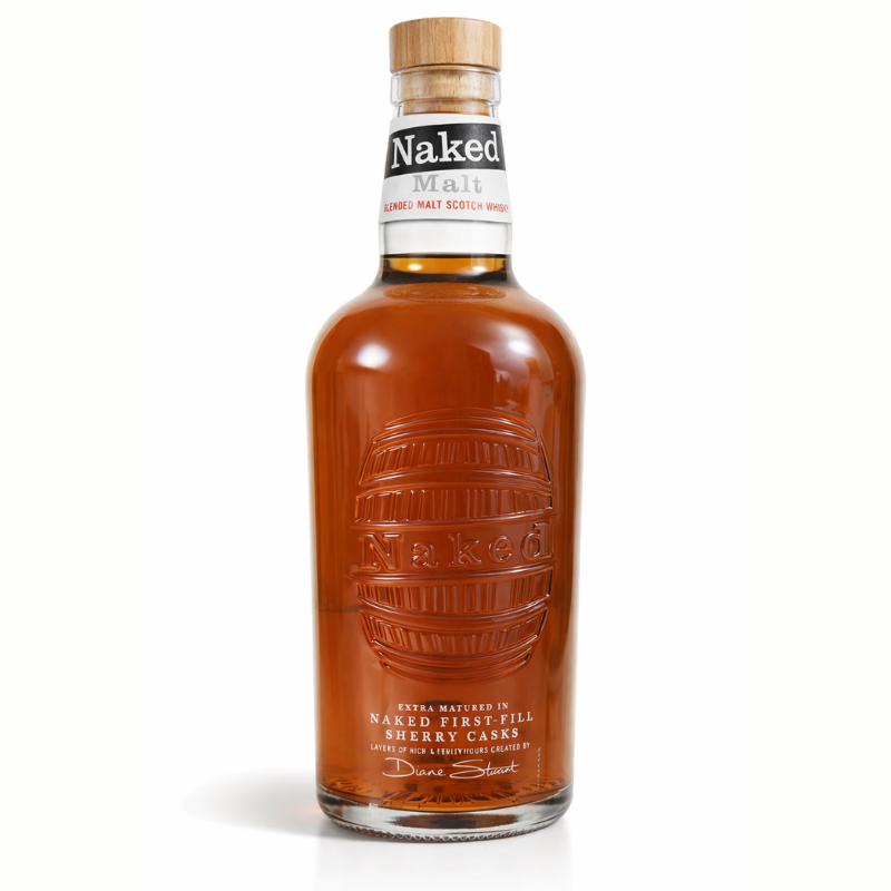 Naked Malt blended malt Scotch whisky 700ml bottle with clean white background and wooden cap