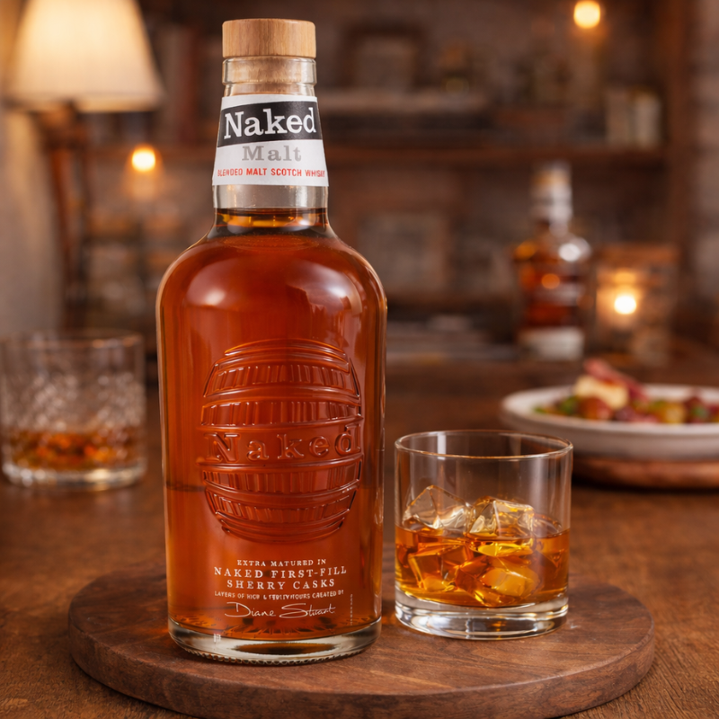 Naked Malt blended malt Scotch whisky served in a whisky glass with ice in a warm bar setting