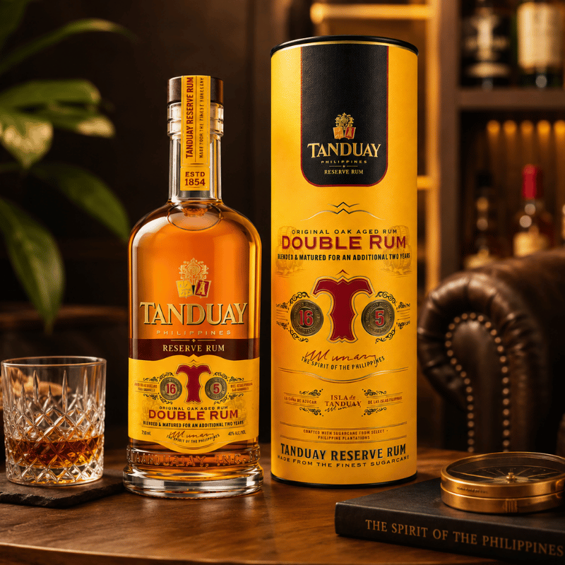 Tanduay Reserve Double Rum displayed in a luxury lounge setting with whiskey glass and premium ambiance