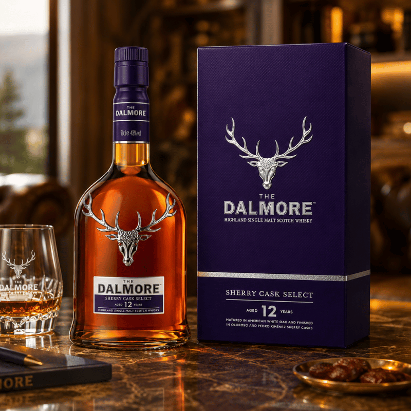 Dalmore whisky bottle and packaging on a marble surface with a glass and snacks.