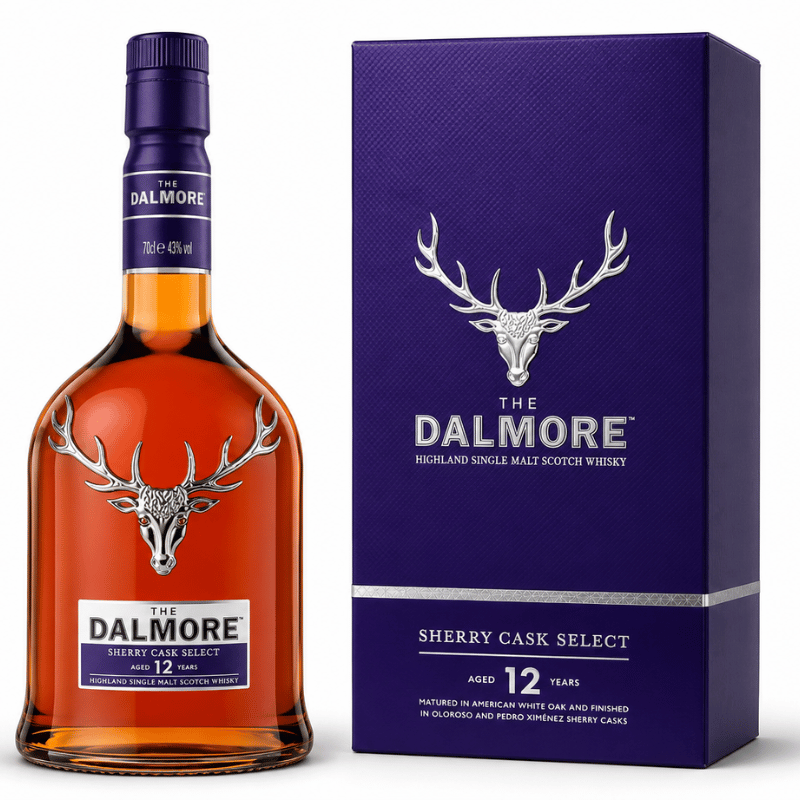 The Dalmore 12 Year Old Sherry Cask Select Single Malt Scotch Whisky 700ml bottle with purple gift box