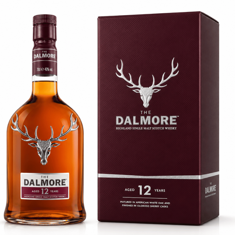 The Dalmore 12 Years whisky bottle and box on a white background
