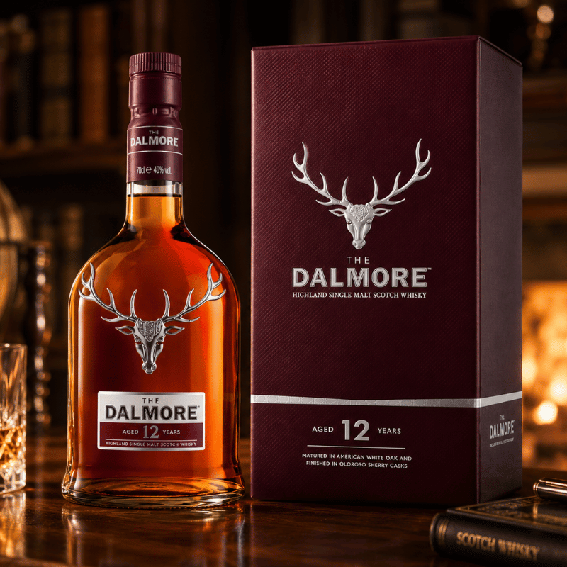 The Dalmore 12 Years whisky bottle and box on a wooden surface with blurred bar background