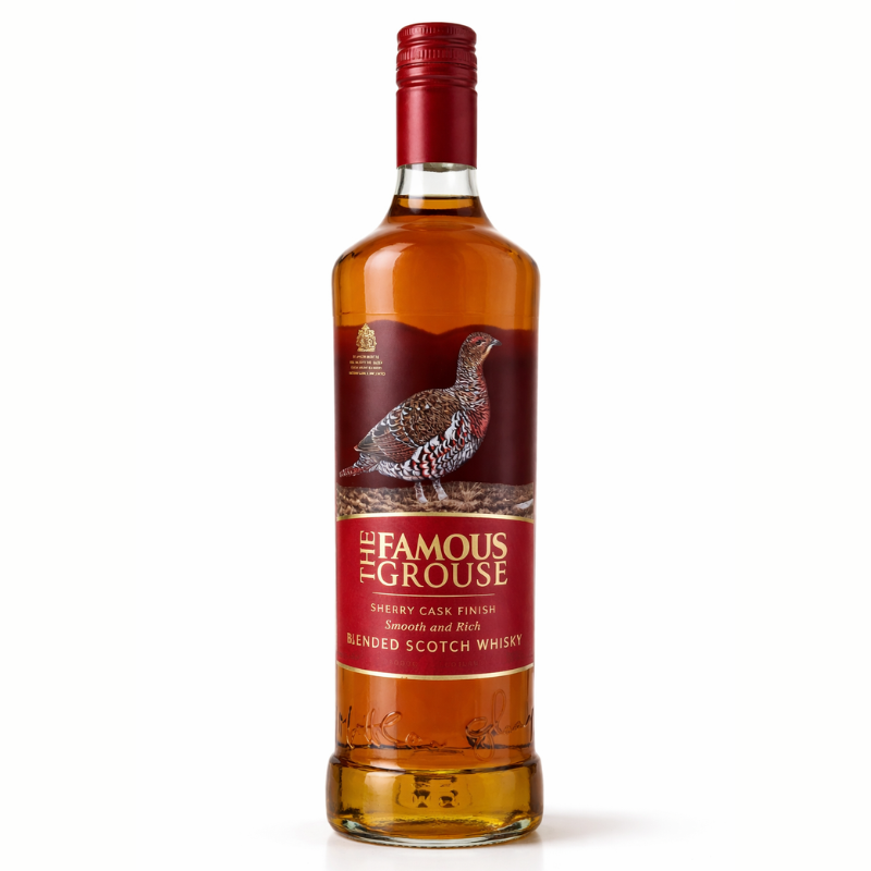 The Famous Grouse Sherry Cask Finish Blended Scotch Whisky bottle on white background with red cap and front label visible