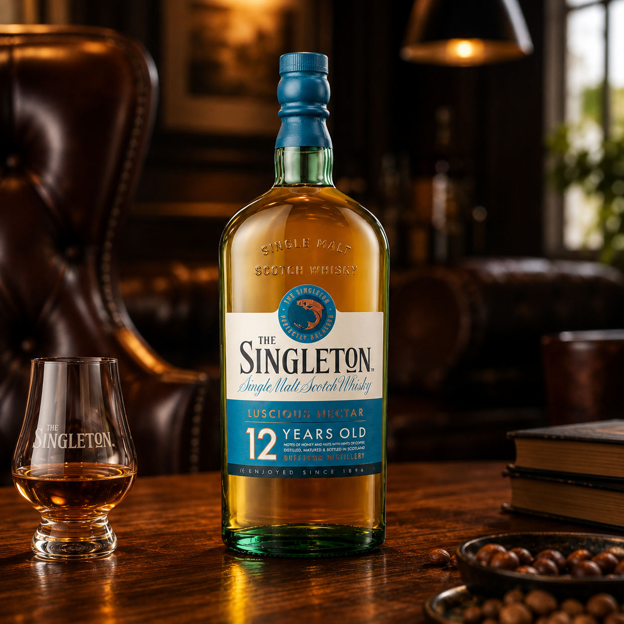 A bottle of The Singleton 12 Years Old single malt Scotch whisky stands on a wooden table in a warm, dimly lit room, with a matching branded whisky glass and books nearby.
