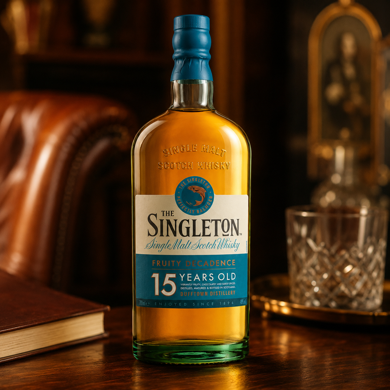 A bottle of The Singleton 15 Years Old single malt Scotch whisky stands on a polished wooden table in a warm, dimly lit room with a leather chair and glassware in the background.
