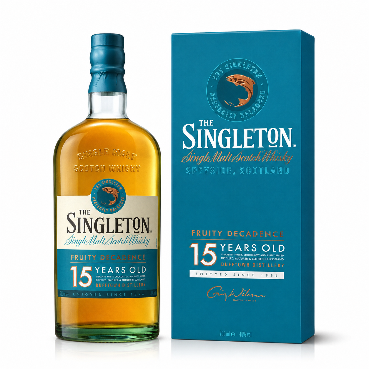 A bottle of The Singleton 15 Years Old single malt Scotch whisky next to its blue packaging box, shown on a clean white background.