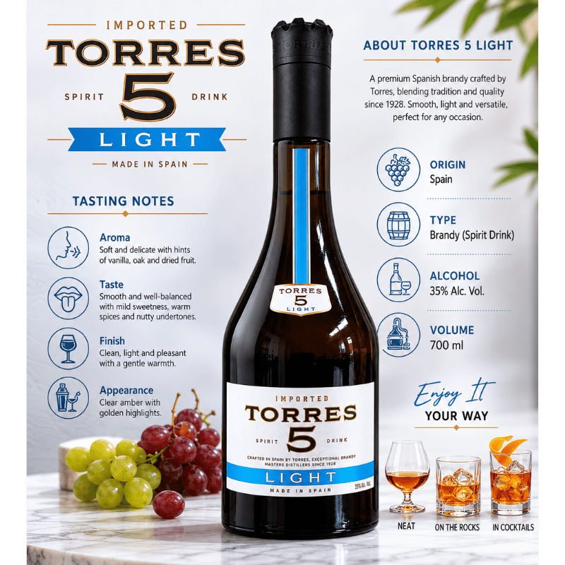Torres 5 Light Brandy tasting notes product infographic showing aroma, taste and serving suggestions