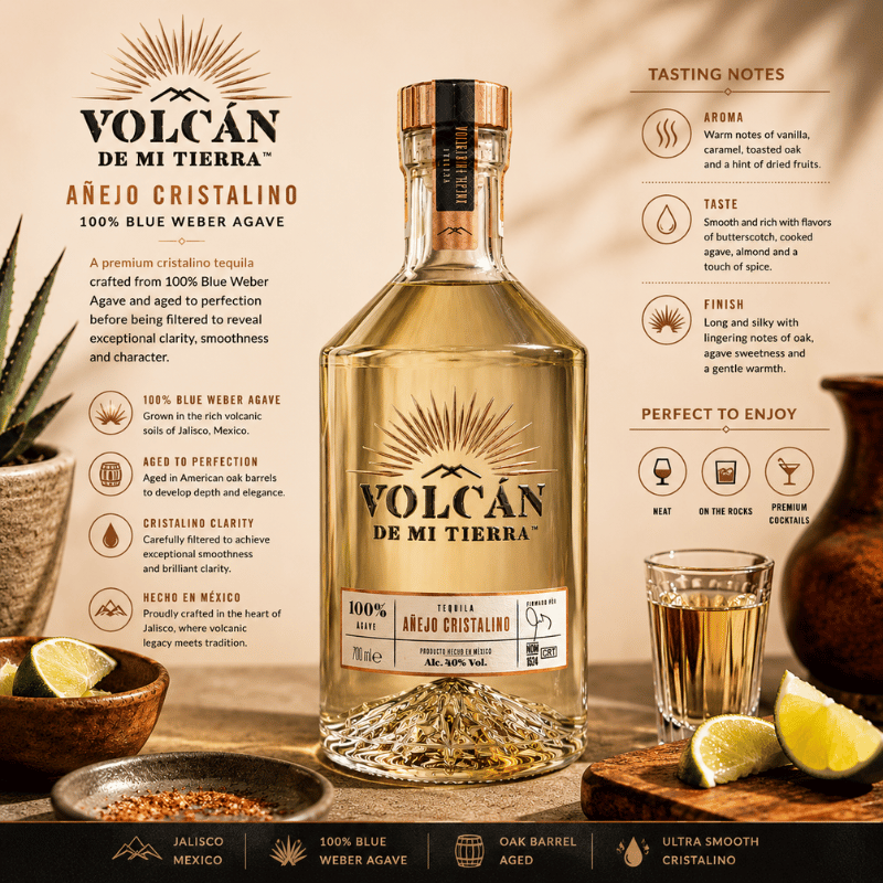 Volcan de mi Tierra Añejo Cristinalo tequila bottle with a copper cap, surrounded by lemons, jalapeños, and a glass on a rustic wooden background with detailed product and tasting notes.